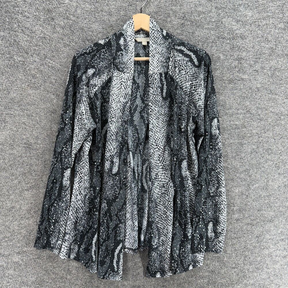 Complements Top Women L Large Gray Animal Print Open Front Long Sleeve Casual